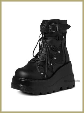 Goth Platform Wedge Booties Chunky Heel Lace Up Vegan PU Leather Ankle Boots